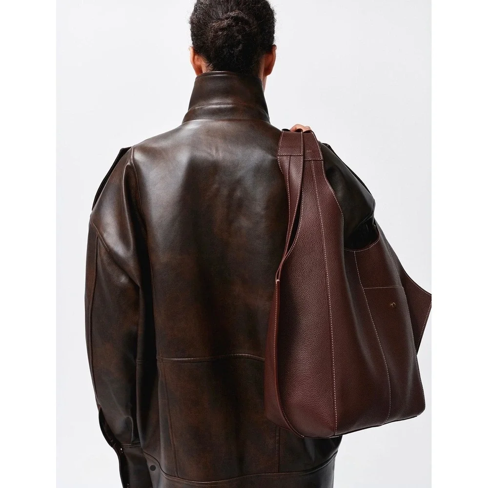 RSVP Paris Parachute Small Tote Bag Womens Brown Grained Calfskin Leather NWT